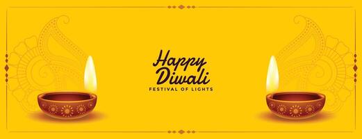 simpatico contento Diwali giallo bandiera con realistico diya vettore
