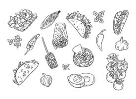 mano disegnato scarabocchio impostato di messicano tradizionale cibo e ingredienti. vettore contorno disegni isolato su bianca sfondo. ideale per colorazione pagine, tatuaggio, modello