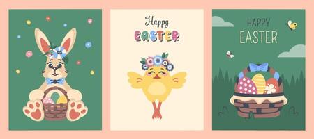 Pasqua carte impostare. saluto manifesti con decorato uova nel cestino, pulcino, Pasqua coniglietto. divertente animali con auguri contento Pasqua. primavera vacanza, fiori, giardino. clipart. vettore piatto illustrazioni