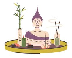 meditazione impostare. yoga, salutare stile di vita design. Meditare elementi per spirituale la pratica, relax. loto fiore, bambù, diffusore, aromatico bastoni, pietre, candele. vettore piatto illustrazione