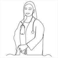 continuo singolo linea disegno di giovane femmina medico con stetoscopio vettore illustrazione