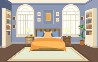piatto design di Camera da letto con letto mobilia finestra nel fantasia Casa vettore