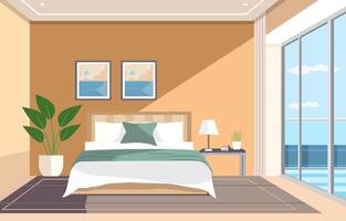 piatto design di Camera da letto con letto mobilia finestra e pianta nel Hotel vettore