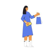 giovane donna con shopping borse. femmina persona in piedi e Tenere sua acquisti. vettore