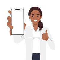 giovane medico o infermiera Tenere e mostrando vuoto Telefono schermo e mostrando pollice su. digitale pagamento vettore