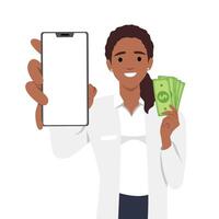 giovane medico o infermiera Tenere e mostrando vuoto Telefono schermo e Tenere i soldi. digitale pagamento vettore