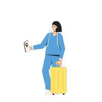 turista personaggio con borse. femmina persona isolato con bagaglio. vettore