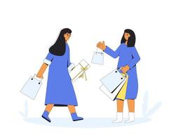 Due giovane personaggi con shopping borse. femmina persone in piedi insieme e Tenere loro acquisti. vettore