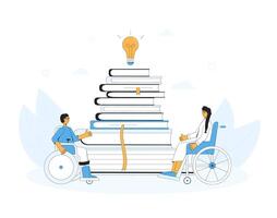 inclusione formazione scolastica e apprendimento. conoscenza. scientifico ricerca. Disabilitato sedia a rotelle studenti con libri. esame preparazione. vettore illustrazione.