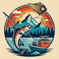 Vintage ▾ pesca emblema con un' pesca barca, montagne e pesce nel il acqua, vettore illustrazione