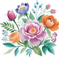 acquerello fiore mazzo con Rose, peonie e le foglie. vettore illustrazione.