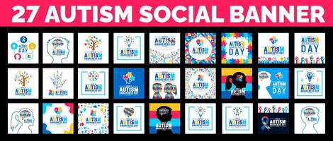 27 grande mega fascio di autismo consapevolezza giorno sociale media inviare bandiera design. autismo consapevolezza giorno bandiera o sfondo grande impostato con puzzle pezzo, bambino mano, nastro, amore icona, bambino ragazza, ragazzo vettore. vettore