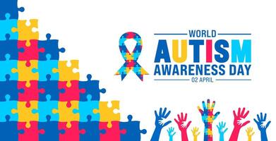 2 aprile mondo autismo consapevolezza giorno colorato puzzle icona con puzzle consapevolezza nastro bandiera o sfondo design modello. vettore