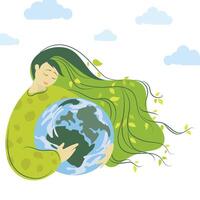 madre terra giorno illustrazione.donna con verde capelli e impianti abbracci pianeta terra. ecologia, mondo ambiente giorno, madre natura cura concetto. vettore illustrazione nel piatto stile