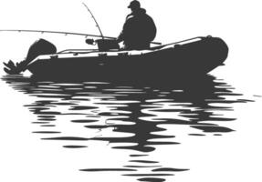 ai generato silhouette pescatore pesca utilizzando gonfiabile barca vettore