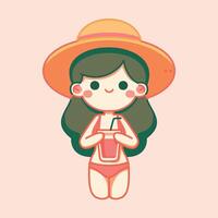 carino vettore illustrazione estate ragazza indossare cappello e bevanda anguria nel estate stagione