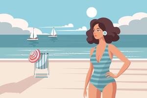 paesaggio marino. vacanza volta. donna su il spiaggia nel un' costume da bagno prendere il sole su il sfondo di il vedere costa. illustrazione. vettore