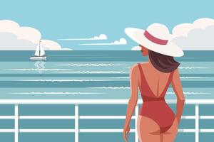 paesaggio marino. tempo relax. un' giovane donna nel un' costume da bagno su il spiaggia contro il fondale di un' paesaggio marino. illustrazione. vettore