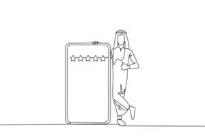 singolo continuo linea disegno giovane contento arabo uomo sta casualmente Il prossimo per un' grande smartphone, altro mano dando un' pollici su gesto. dare revisione cinque stella. uno linea design vettore illustrazione