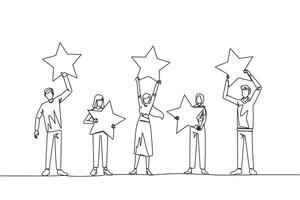 singolo continuo linea disegno un' gruppo di donne e uomini sollevato loro rispettivo stelle. dare positivo risposta e il migliore revisione. 5 stella. in linea negozio. commercio elettronico. uno linea design vettore illustrazione