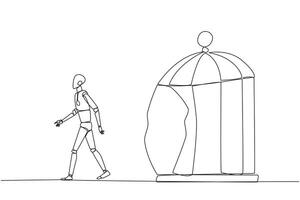 continuo uno linea disegno robot intrappolati nel gabbia e a piedi penetrare gabbia. metafora In cerca di nuovo sfide e esperienze per meglio futuro. ai tecnico. singolo linea disegnare design vettore illustrazione