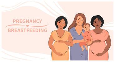 bandiera di gravidanza, l'allattamento al seno e maternità. gruppo di incinta donne e donne con bambini. mondo l'allattamento al seno settimana. vettore illustrazione