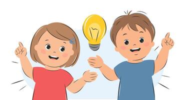 bambini con un idea, con lampadina. cartone animato personaggi ragazza e ragazzo per bambini design. conoscenza, creativo pensiero e formazione scolastica concetto. vettore illustrazione