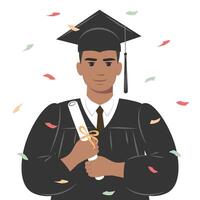 contento afro diplomato alunno con un' diploma nel la laurea berretto e accappatoio . uomo chi laureato a partire dal studi. vettore illustrazione