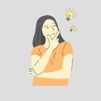 illustrazione di donna con gesto Tenere mento e ottenere idee vettore