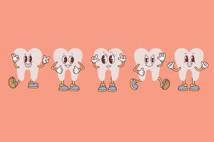 impostato di Groovy dente cartone animato personaggi. divertente salutare bianca molari con contento e triste facce, retrò cartone animato denti mascotte, odontoiatria e dentale cura etichetta. vettore