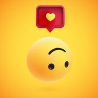 Emoticon giallo altamente dettagliato alto 3D con il fumetto e cuore per il web, illustrazione di vettore