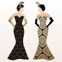 gatsby arte deco illustrazione design con donne nel oro modello vestito vettore