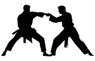 Due uomini praticante karatè silhouette, Due karatè uomini combattenti nel un' incontro, vettore