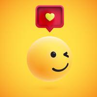 Emoticon giallo altamente dettagliato alto 3D con il fumetto e cuore per il web, illustrazione di vettore