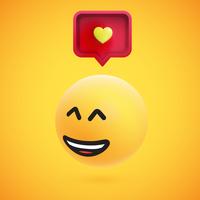 Emoticon giallo altamente dettagliato alto 3D con il fumetto e cuore per il web, illustrazione di vettore