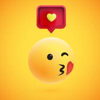 Emoticon giallo altamente dettagliato alto 3D con il fumetto e cuore per il web, illustrazione di vettore