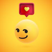 Emoticon giallo altamente dettagliato alto 3D con il fumetto e cuore per il web, illustrazione di vettore