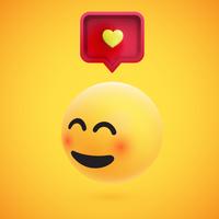 Emoticon giallo altamente dettagliato alto 3D con il fumetto e cuore per il web, illustrazione di vettore