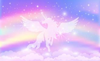 sagoma di un unicorno con le ali sullo sfondo di un cielo arcobaleno con stelle.