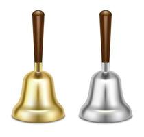 set di campane d'oro e d'argento. simbolo di natale, campana della scuola. 3d illustrazione realistica. isolato su sfondo bianco. vettore. vettore