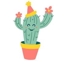 cactus dei cartoni animati. felice simpatico personaggio di cactus esotico tropicale in un cappello festivo. illustrazione vettoriale. isolare su uno sfondo bianco. vettore