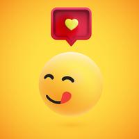 Emoticon giallo altamente dettagliato alto 3D con il fumetto e cuore per il web, illustrazione di vettore