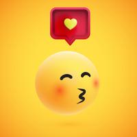 Emoticon giallo altamente dettagliato alto 3D con il fumetto e cuore per il web, illustrazione di vettore