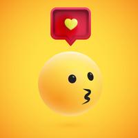 Emoticon giallo altamente dettagliato alto 3D con il fumetto e cuore per il web, illustrazione di vettore