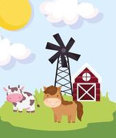 animali da fattoria cavallo mucca fienile mulino a vento prato cartone animato vettore