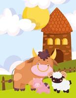 animali da fattoria maiale toro e capra erba casa giornata di sole cartone animato vettore