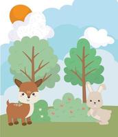 campeggio carino coniglio e cervo alberi di pino erba sole nuvole cartone animato vettore