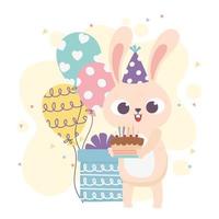 giorno felice, coniglio con torta cappello da festa e palloncini vettore