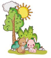 simpatici animali, orso e coniglio albero fogliame sole cartone animato vettore