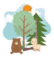 campeggio carino orso e capra tronco alberi sole nuvole cartone animato vettore